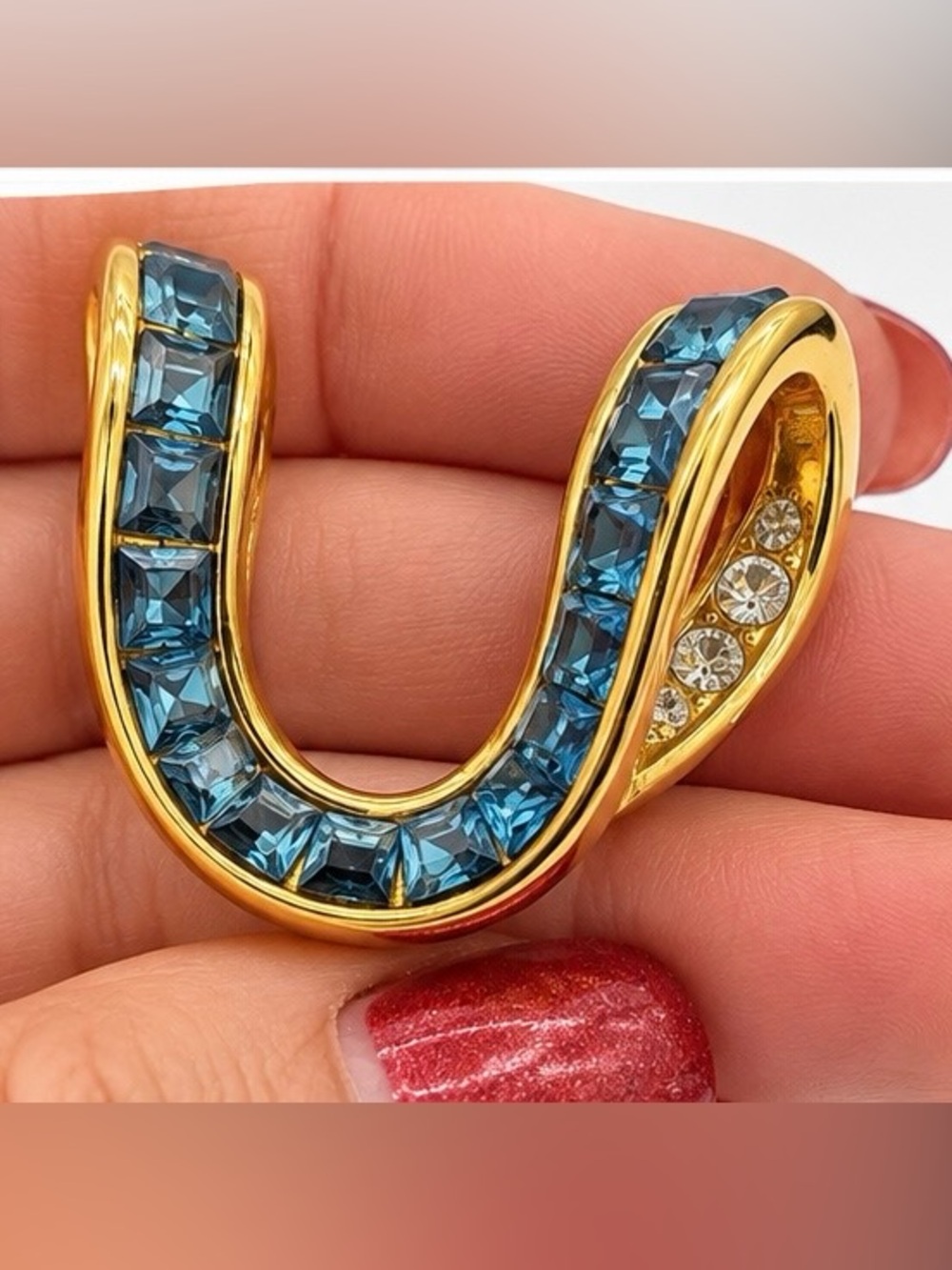Nolan Miller Blue Rhinestone Ribbon Brooch Gold Tone Signed